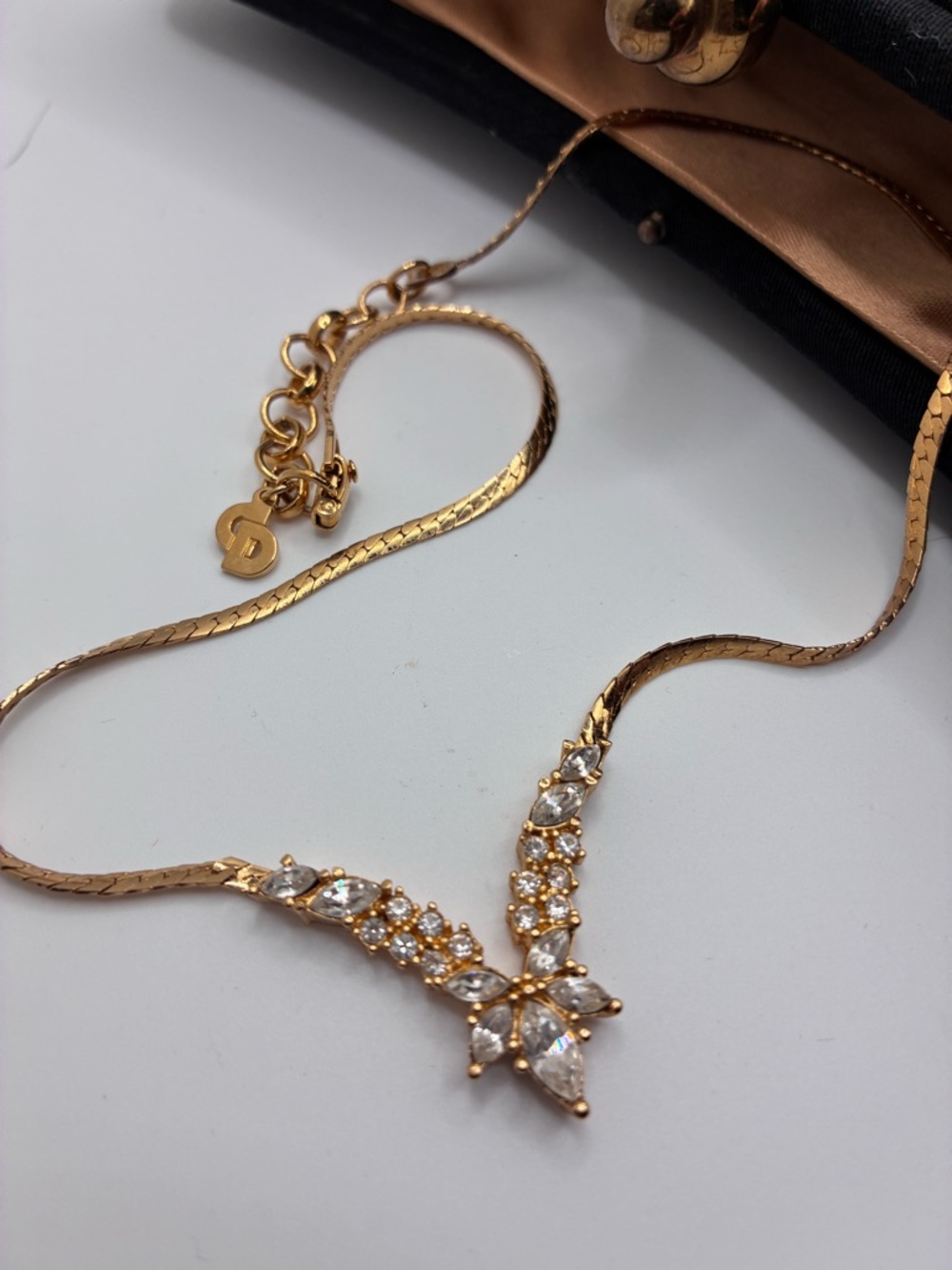 Vintage Christian Dior Gold-Tone Crystal V Motif Necklace with Clear Stones